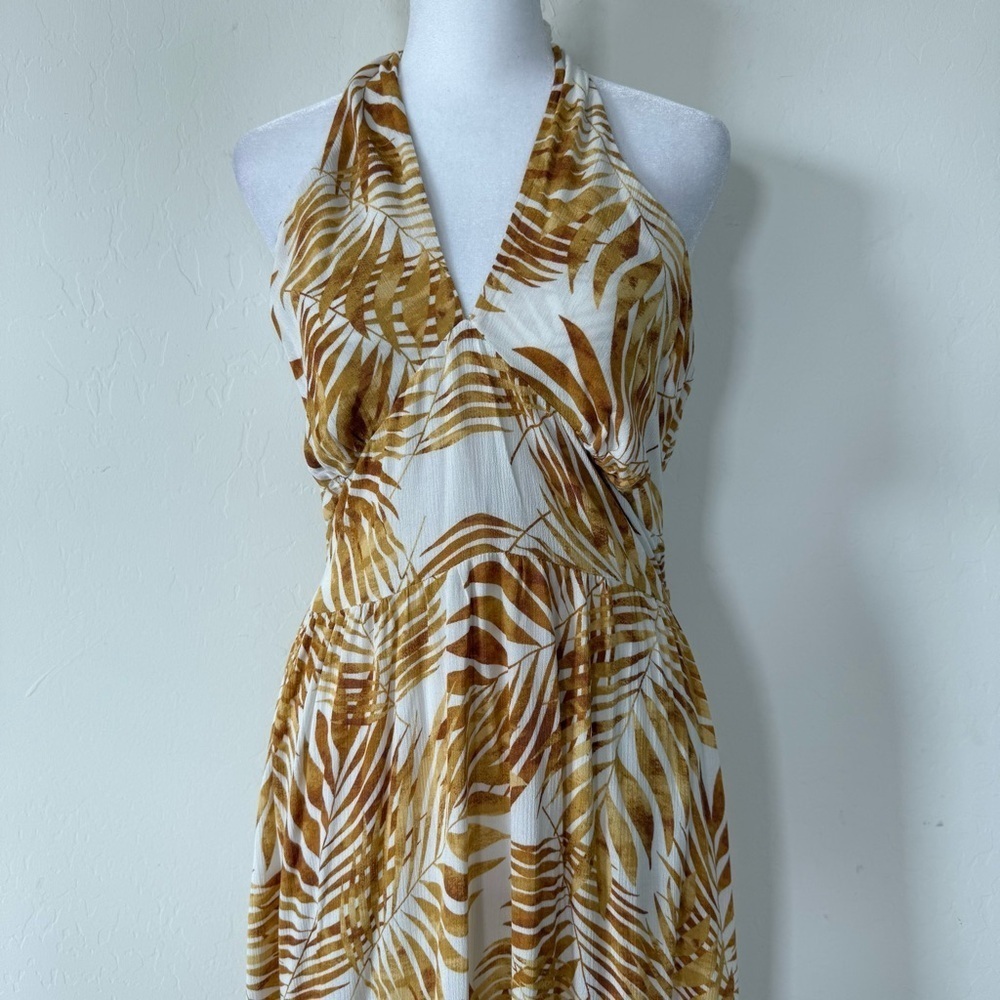Lush Golden Yellow Palm Leaf Plant V Neck Halter Lightweight Maxi Dress Large - Picture 3 of 9